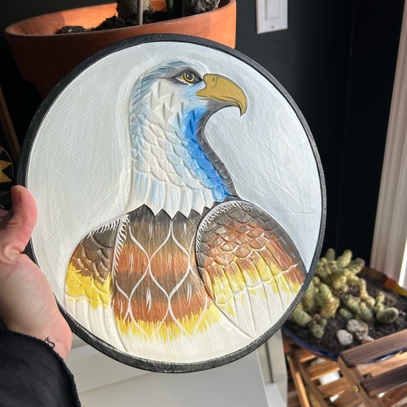 Vintage 11.75" Handpainted Eagle Wall Art White, Blue, Brown, Yellow Indonesia - Picture 6 of 14